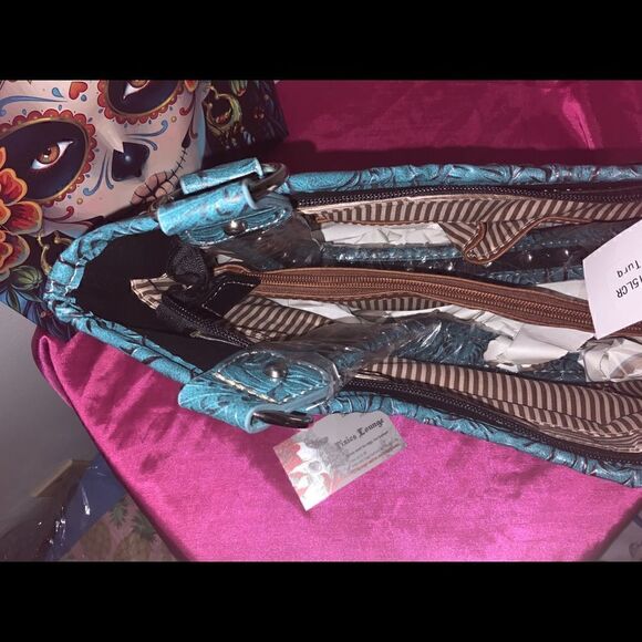 Rhinestone Cross Embroidered Carry Handbag In Teal - Picture 3 of 3